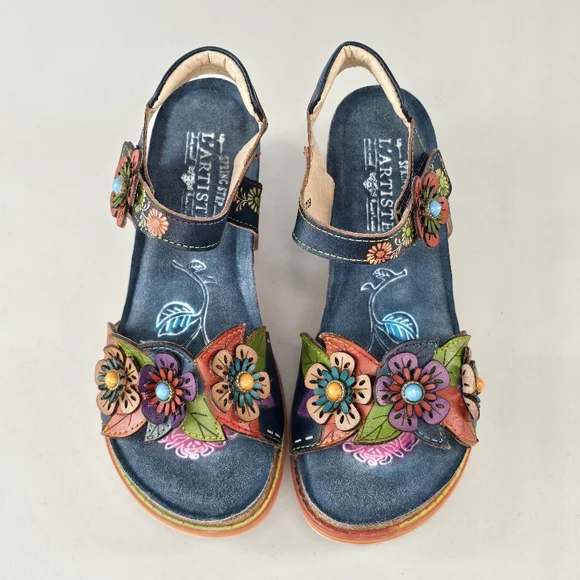 L’Artiste Gazebo Floral Leather Platform Wedge Sandals EU 38 US Size 7.5-8 - Picture 5 of 9